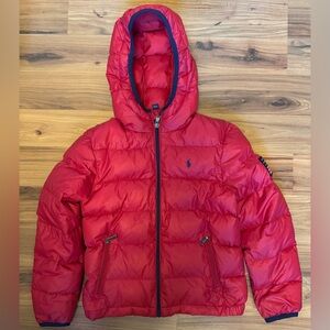 Polo Ralph Lauren Youth Down Puffer Jacket Red Size 8 Hooded POLO Flag